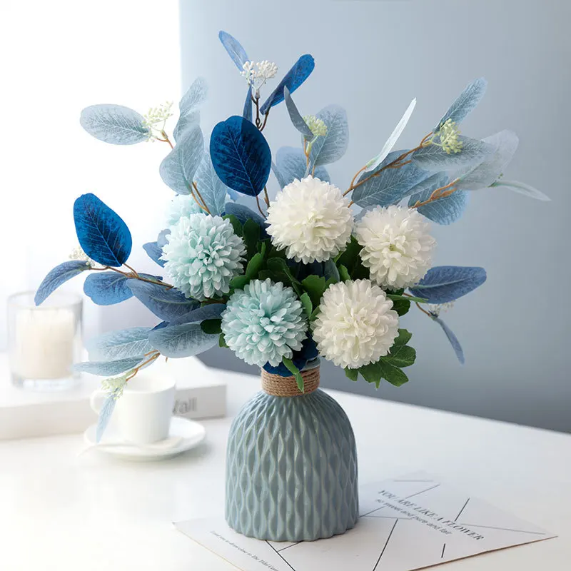 

Blue Artificial Fake Flower Bouquet Dining Table Decors Dandelion Silk Eucalyptus Bunch Flowers Arrangement Wedding Decoration