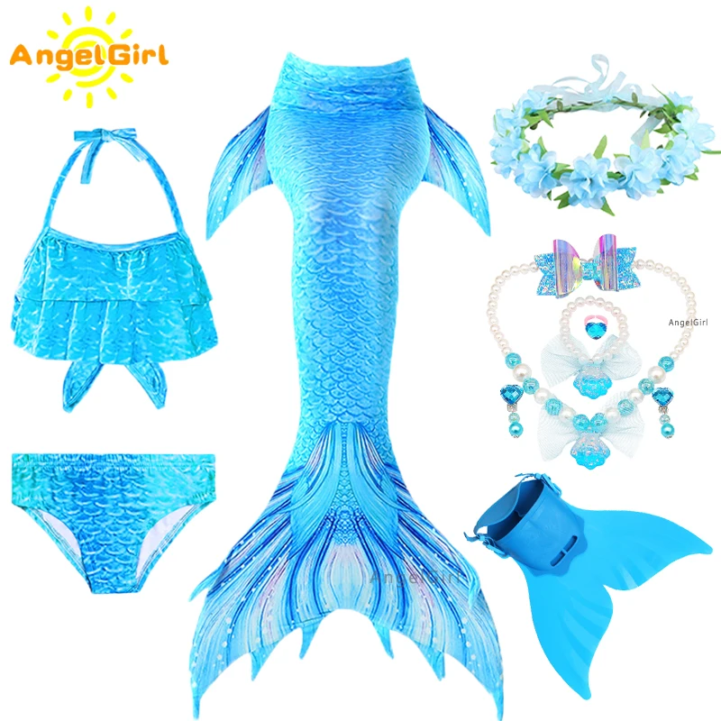 angelgirl 2021 girls swimmable mermaid tail princess dress with monofin kids holiday mermaid costume cosplay swimsuit birthday free global shipping