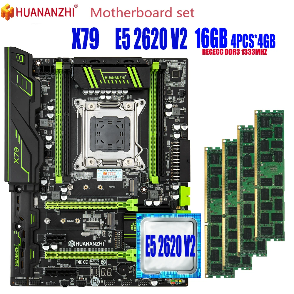 Комплект материнской платы HUANANZHI X79 с Xeon E5 2620 v2 4x4 ГБ = 16 Гб 10600R 1333 МГц DDR3 память ECC REG