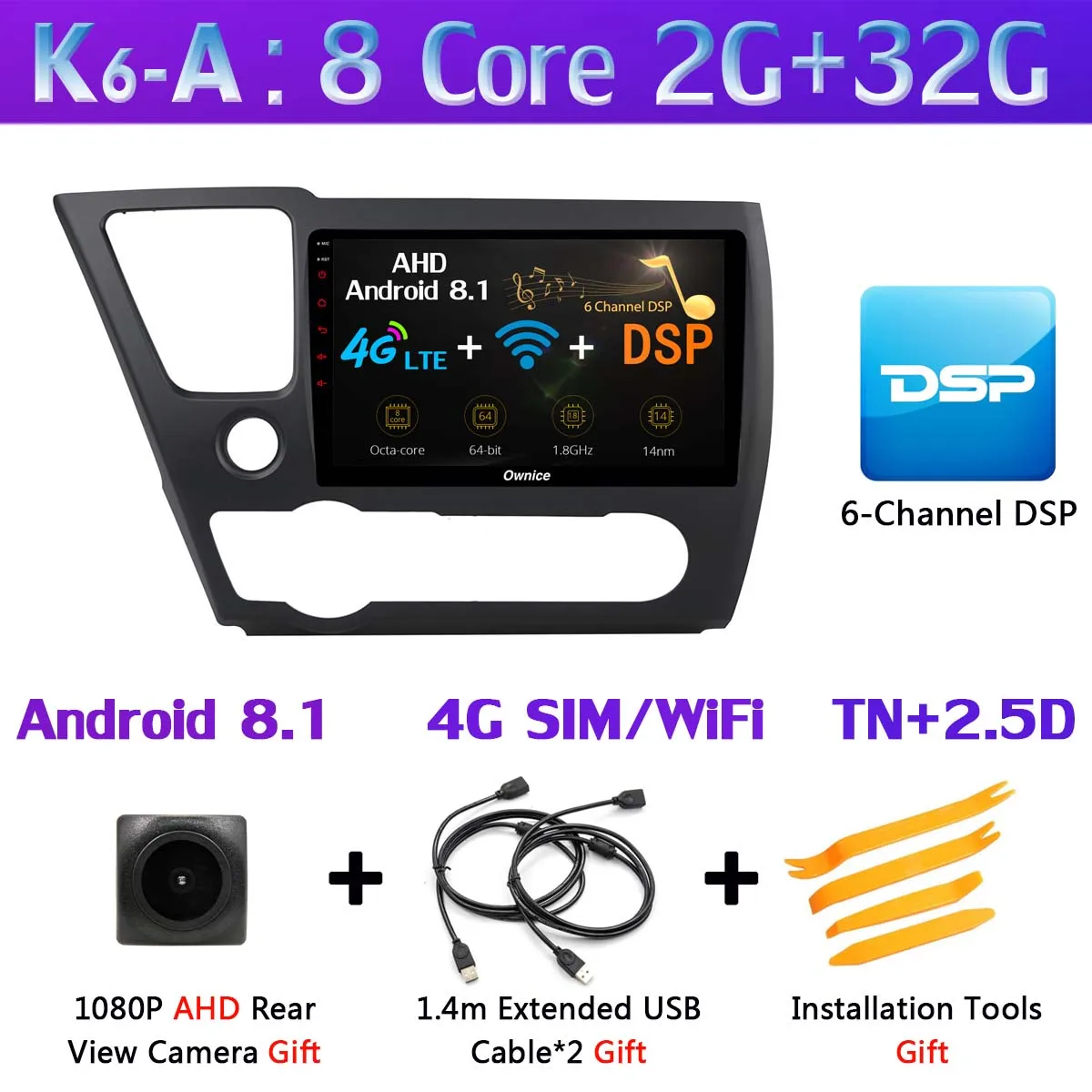 K6-A 360°AHD Камера Android 9,0 4G Оперативная память+ 64G Встроенная память SPDIF DSP CarPlay Автомобильный мультимедийный gps радио плеер для Honda Civic EX-L купе 2013 - Цвет: K6-A