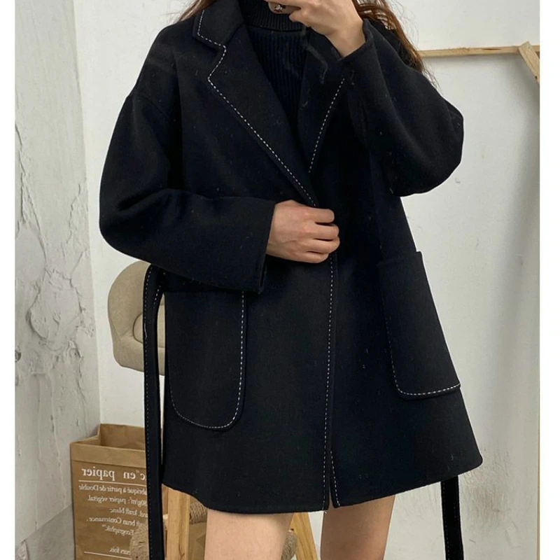

100% Wool Coat 2020 New Arrivals Women Woolen Coat Belt Black Jacket Oversize Clothes