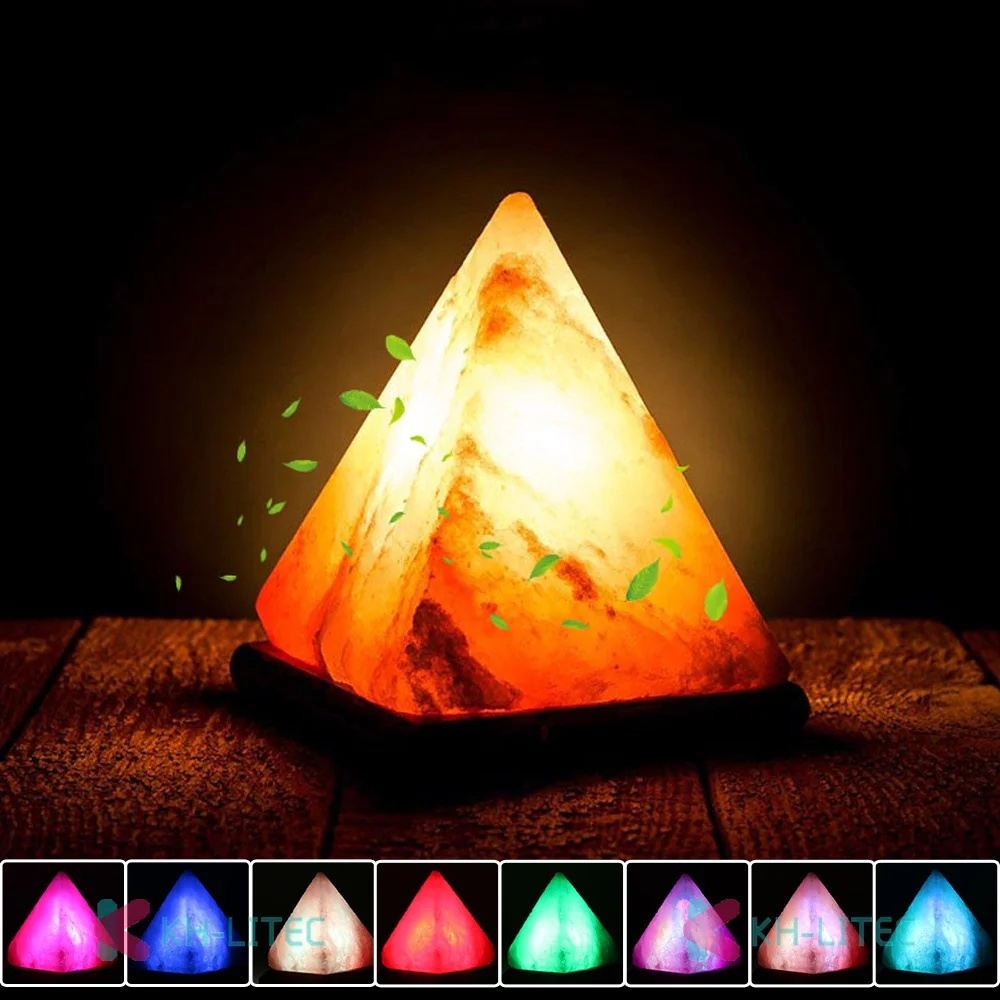 

Triangle USB Salt Lamp Hand Carved Purifier Night Light Wooden Base Himalayan Colorful Natural Crystal Rock Lamp Light