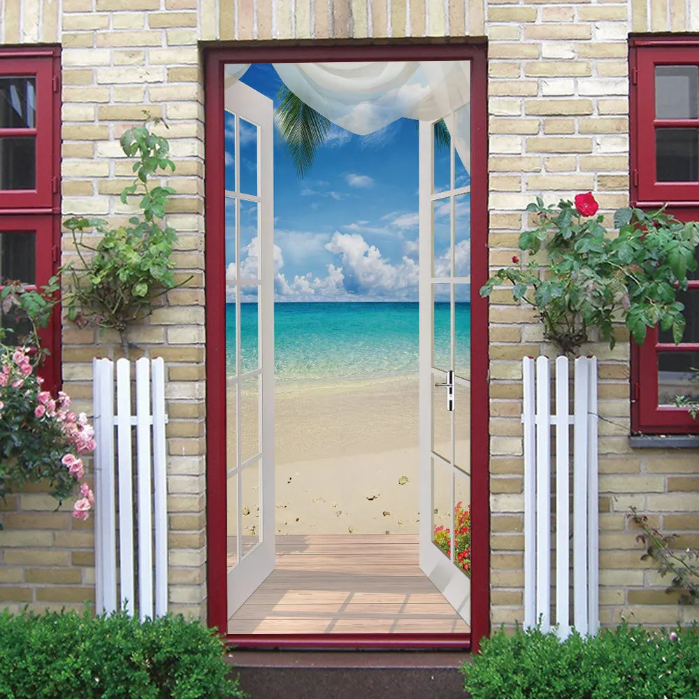 

Креативные и экологически чистые 3D наклейки на дверь пляжной кабины, восстановленные самоклеящиеся настенные ПВХ наклейки для спальни
