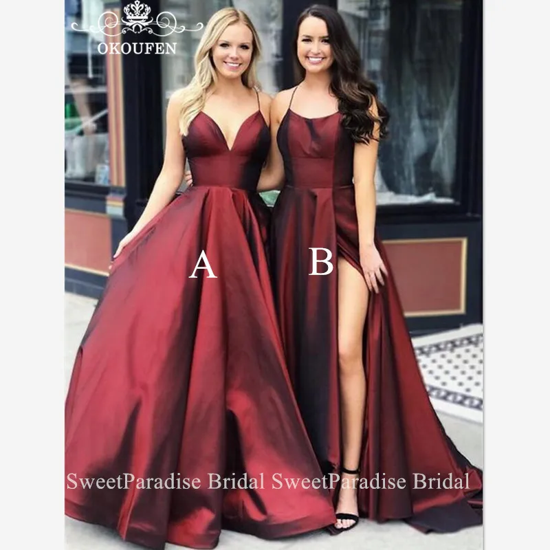 Бордовые атласные платья свидетельницы Спагетти ремень длинное Vestido Madrinha длинное платье подружки невесты свадебное платье для гостей для женщин