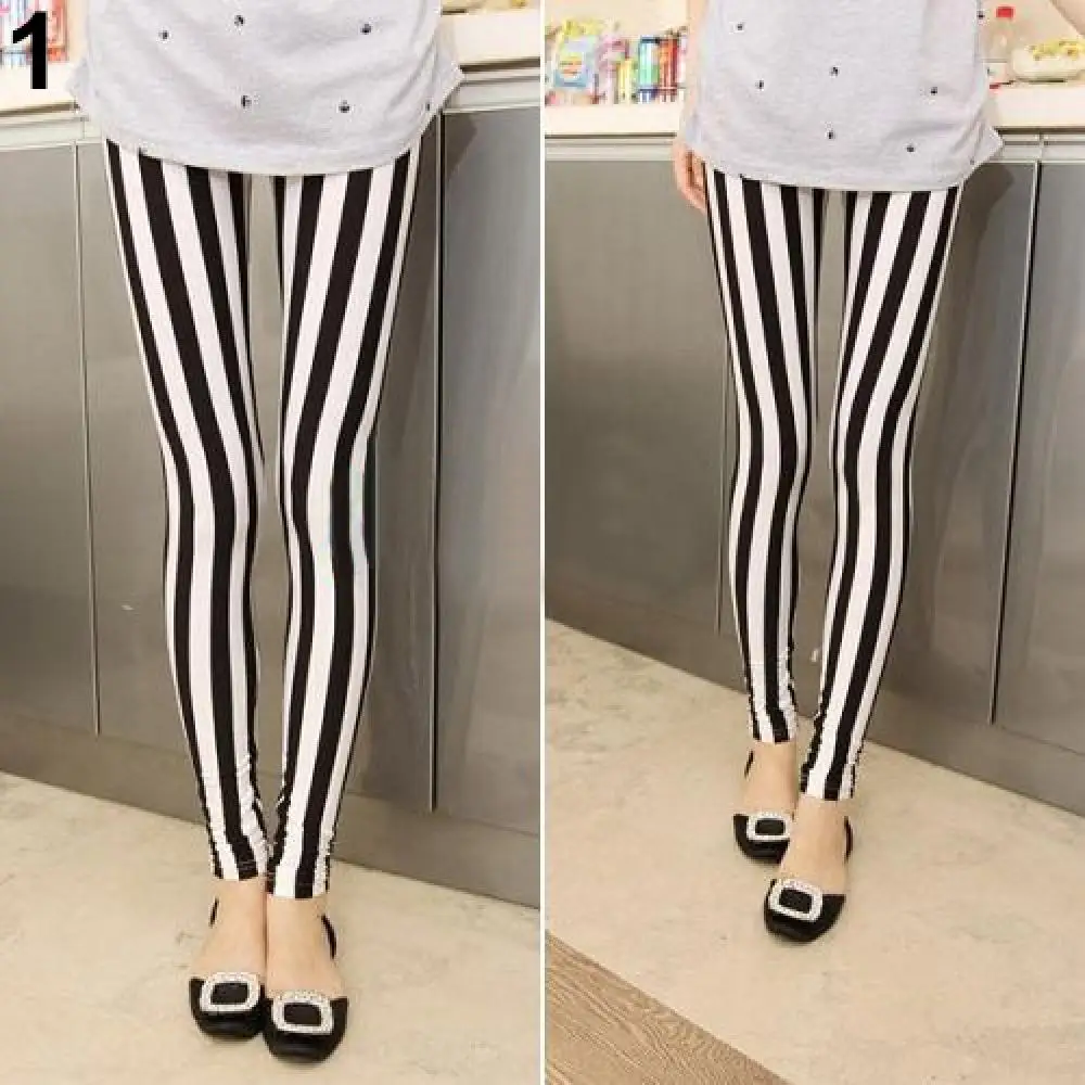 

Women's Fashion Comfortable Slim Fits Black White Vertical Stripes Leggings Tights