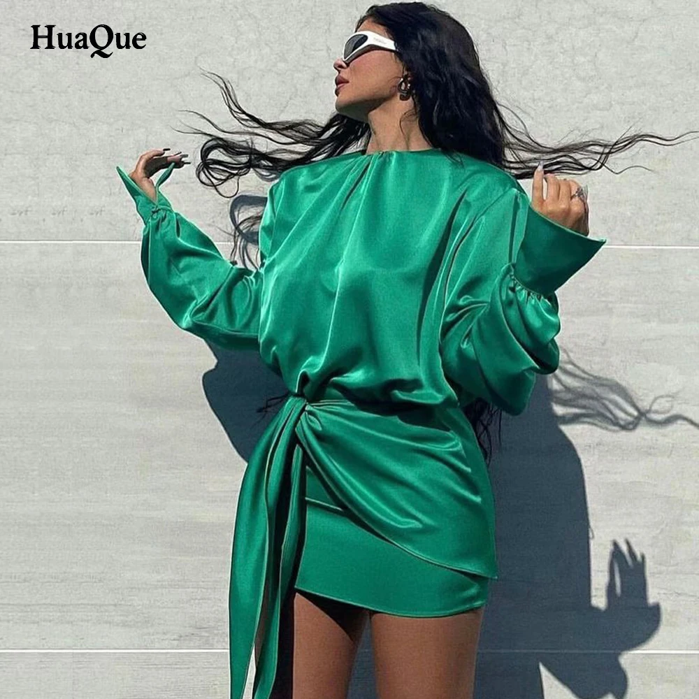 

Women's party green dress satin long-sleeved mini dress lace-up tight sexy elegant dress office O-neck solid color high street
