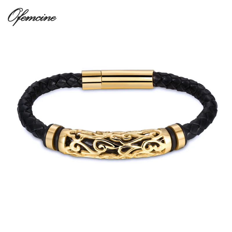 

Luxury Mens Braided Genuine Leather Bracelet Stainless Steel Charm Punk Bangles for Men Jewellery Japanese Friendship Bracelets