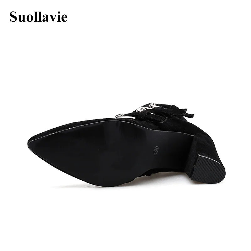 

Suollavie Winter Autumn Women Belt Buckle Shoes Ankle Cow Suede Boots Stylish Retro Zip Pointed Toe Leather Martin High Heels