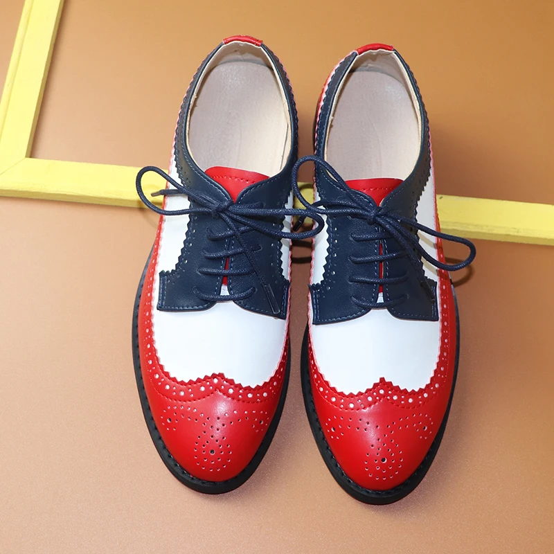 

Women Oxford Brogues Shoes Genuine Leather Wingtip Loafers For Woman Flats Sneakers Female Oxfords Ladies laces Casual Shoes