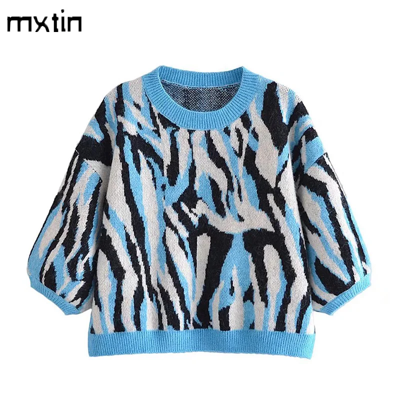 

Женский свитер, Модные осенние вязаные топы с животным узором, винтажные женские пуловеры с круглым вырезом и рукавом до локтя, женская одеж...