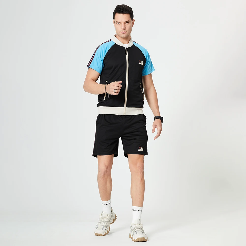 

Summer Men's Sports Suit Jogging Short Sleeve Zipper T-Shirt + Waist Elastic Fitness Shorts Splice Color Quick-Drying Sportwear