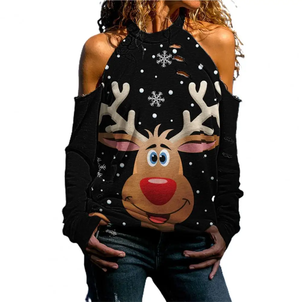 

Ripped Holes Off Shoulder Casual Women Blouse Hollow Out Santa Claus Print Xmas Pullover Blouse for Outdoor women clothing 2021