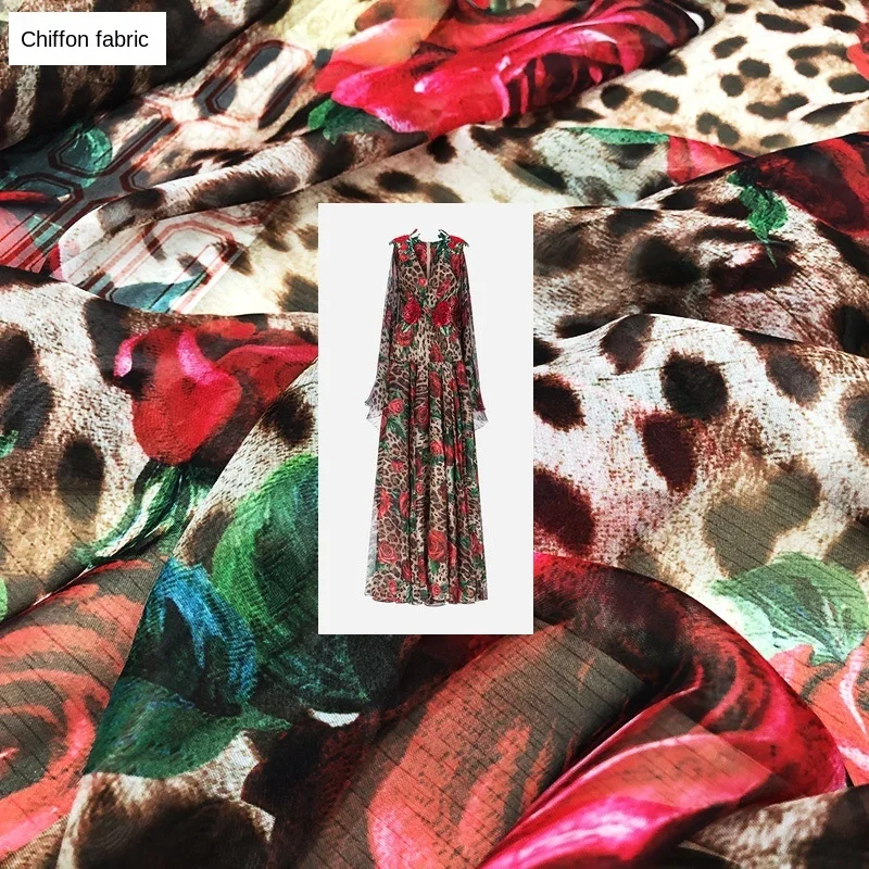 

D brand spring and summer new digital printing rose leopard skirt fabric chiffon designer fabric by the yard handmade DIY