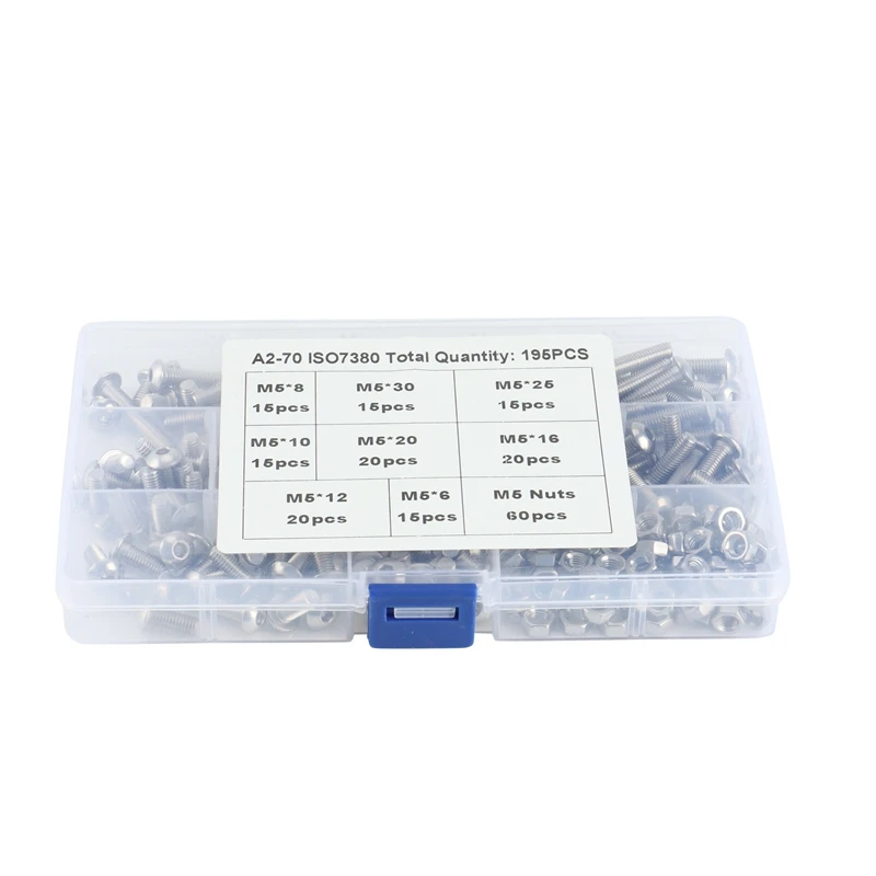 

195 Piece Of M5 X 6Mm/8Mm/10Mm/12Mm/16Mm/20Mm/25Mm/30Mm Stainless Steel 304 Hexagon Head Cap Bolt And Nut Kit