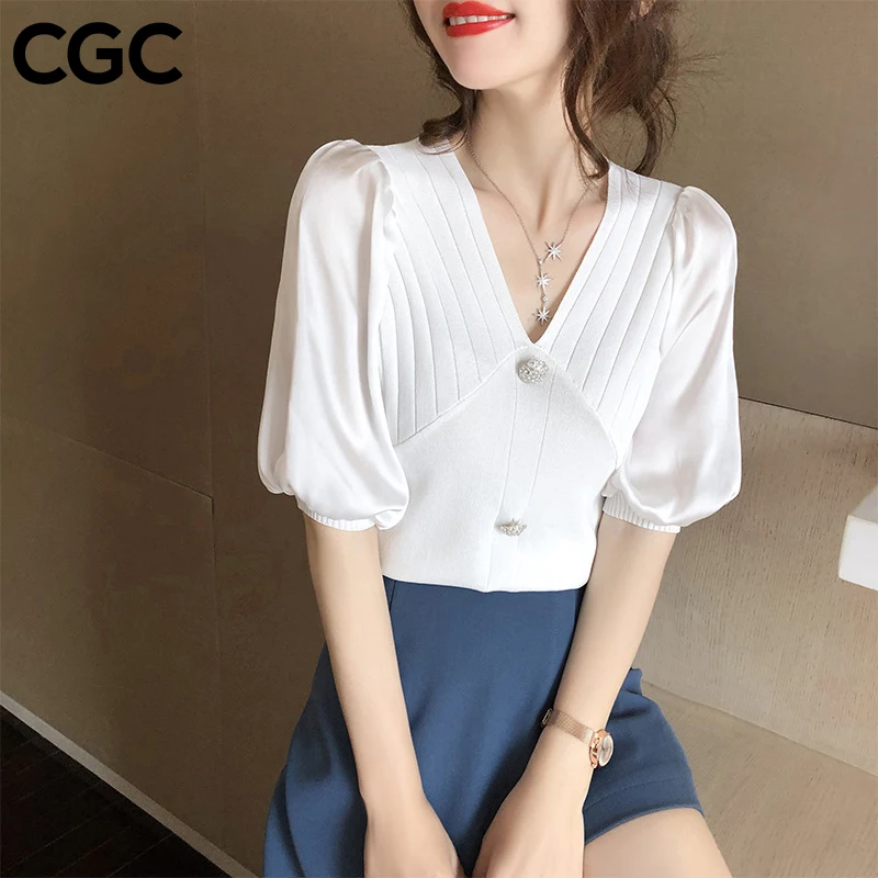 Фото CGC 2021 Весна Осень Женские рубашки Свободная блузка с V-образным вырезом