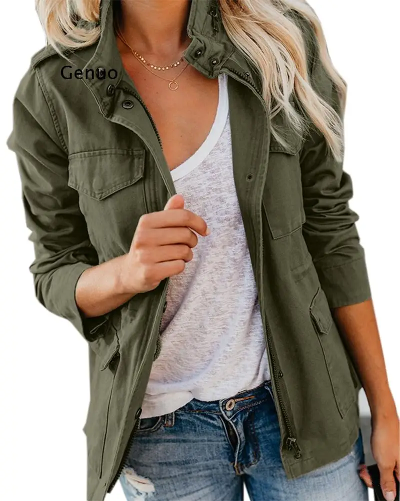 Women's Spring Jacket Zip Up Outerwear Female Clothes Streetwear Autumn Coat Stand Collar Windbreaker Green Military Jackets