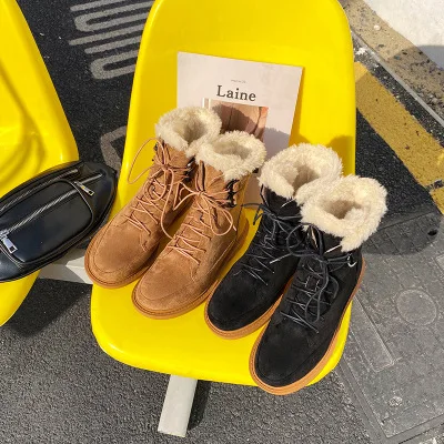 

Frosted Suede Snow Boots Women's Mid-tube New Winter Plus Cashmere Cotton Shoes Round Toe Thick Heel Lace-up Ankle Boots 2020