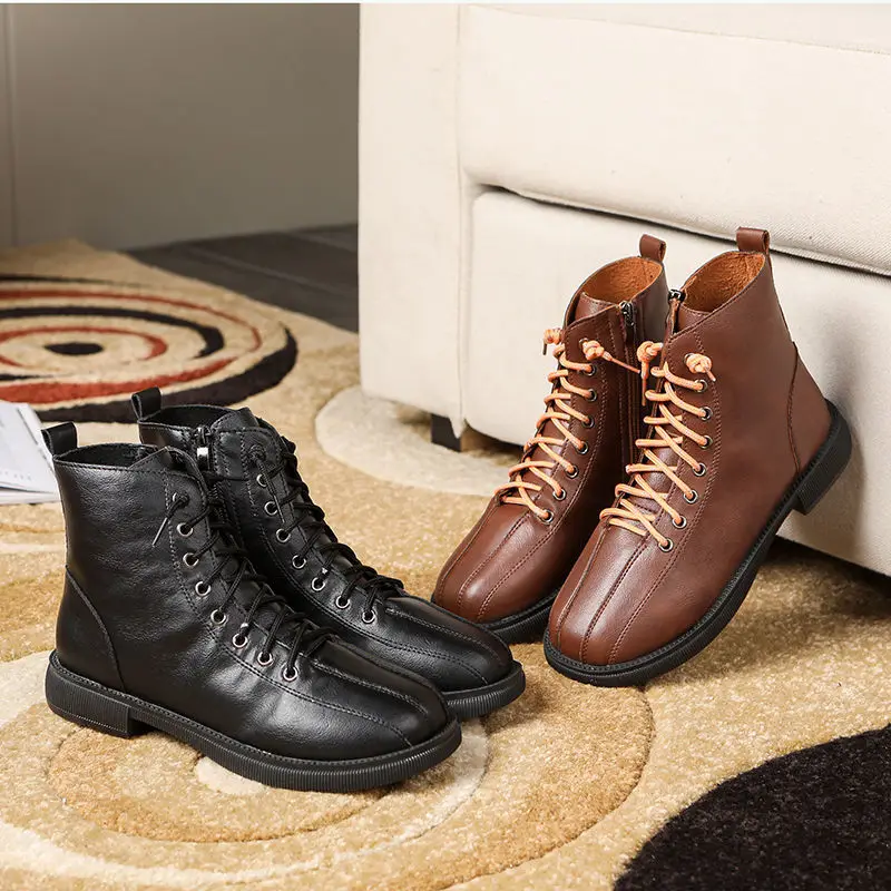

Martin Boots For Women Flat-bottom Retro Ankle Boots Ladies Soft Leather Shoes British Style Black Short Boots Botas Femininas