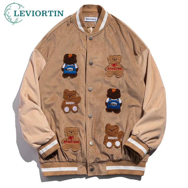 

Autumn Spring Patchwork Cute Bear Embroid Corduroy Women's Baseball Varsity Jacket Unisex Men's Bomber Chic Varsity Jacket Coat