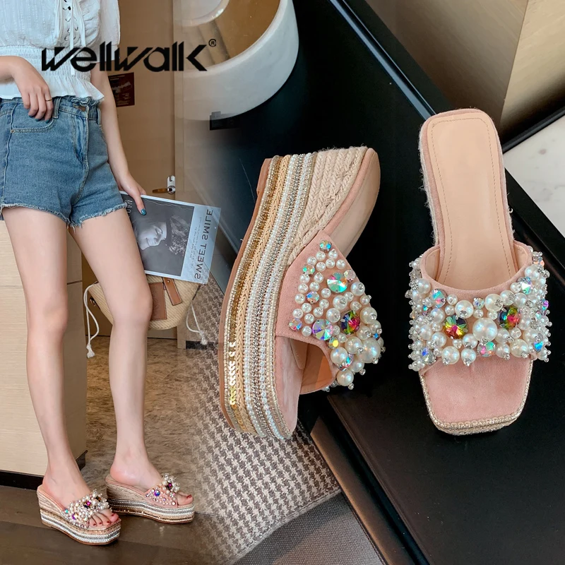 

Эспадрильи женские на танкетке, модные шлепанцы с жемчугом, без застежки, кроссовки со стразами, Повседневная летняя обувь