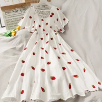 boho strawberry embroidery midi dresses women flying sleeve square collar elastic bust 2021 summer white vintage dress