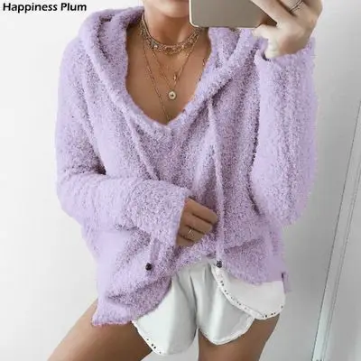 

Autumn Top Women Casual Mohair Hooded Pullovers V Neck Fleece Sweater Fashion Sweet Loose Warm Winter Mohair Tops Pullover