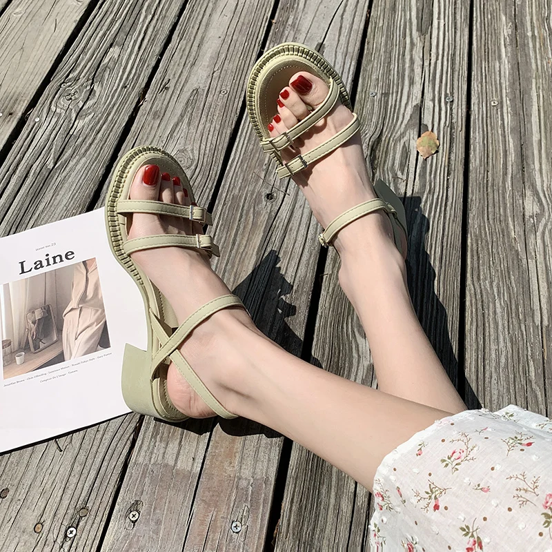 

Beige Heeled Sandals 2021 Women's All-Match Female Shoe Black New Elastic Band Fashion Girls Clear Summer Comfort Low