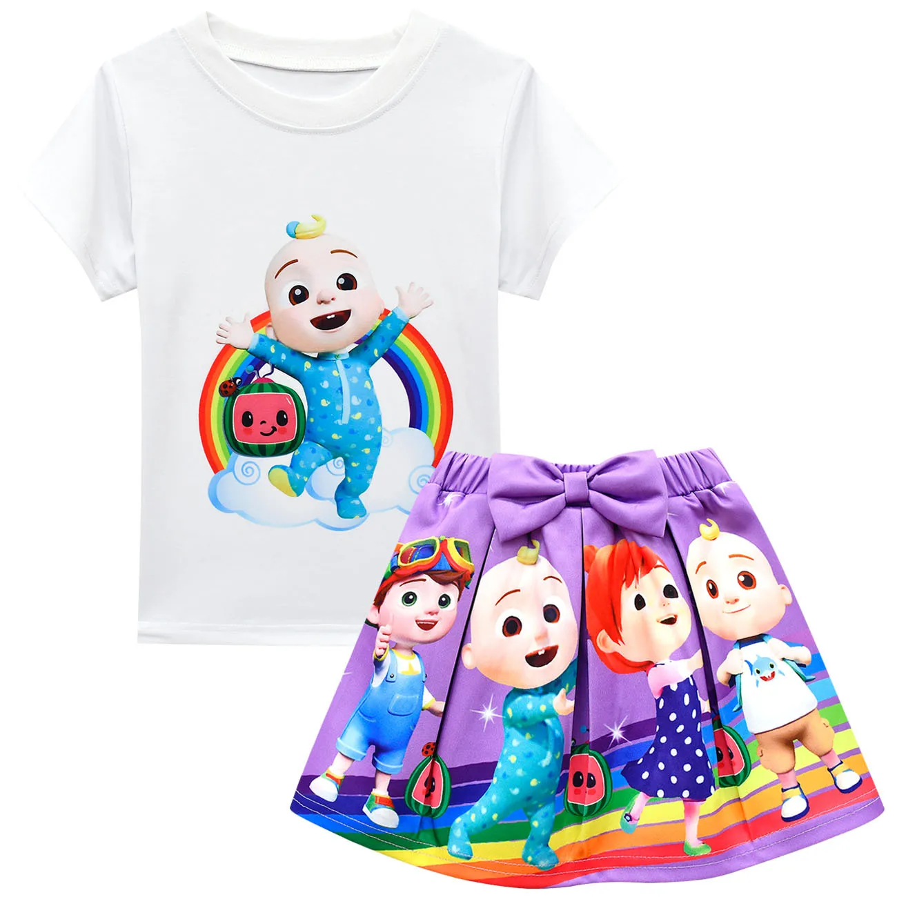 

New Summer Cute Cocomelon T Shirt +pleated Bow Skirt 2pcs Suits Baby Girls Cartoon Clothes Set Kids Boutique Clothing Wholesale