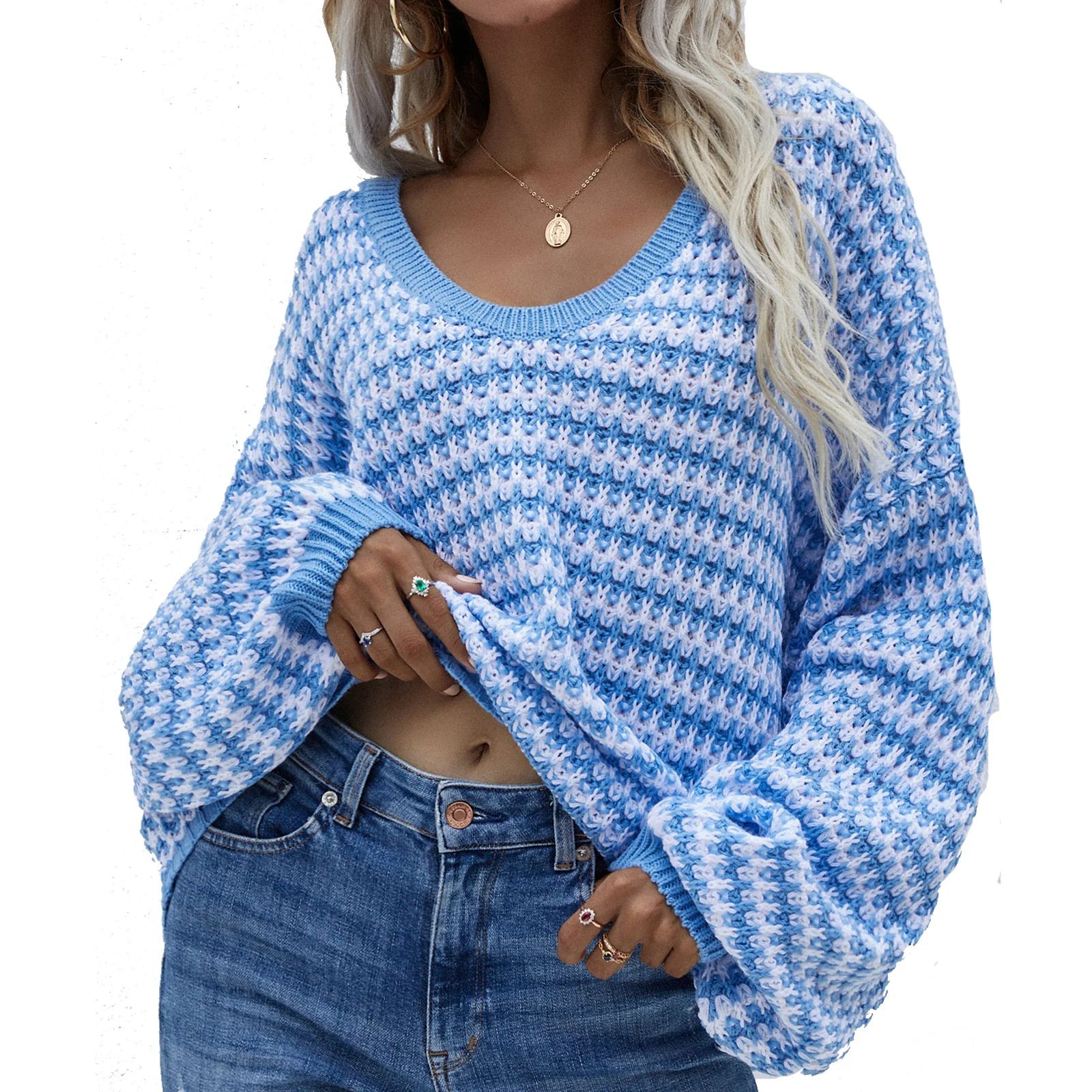 

2021 Women Girl Winter Full Sleeve Pullover v Neck Striped Batwing Sleeve Sweaters Cute Casual Loose Knitwear Outwear Tops