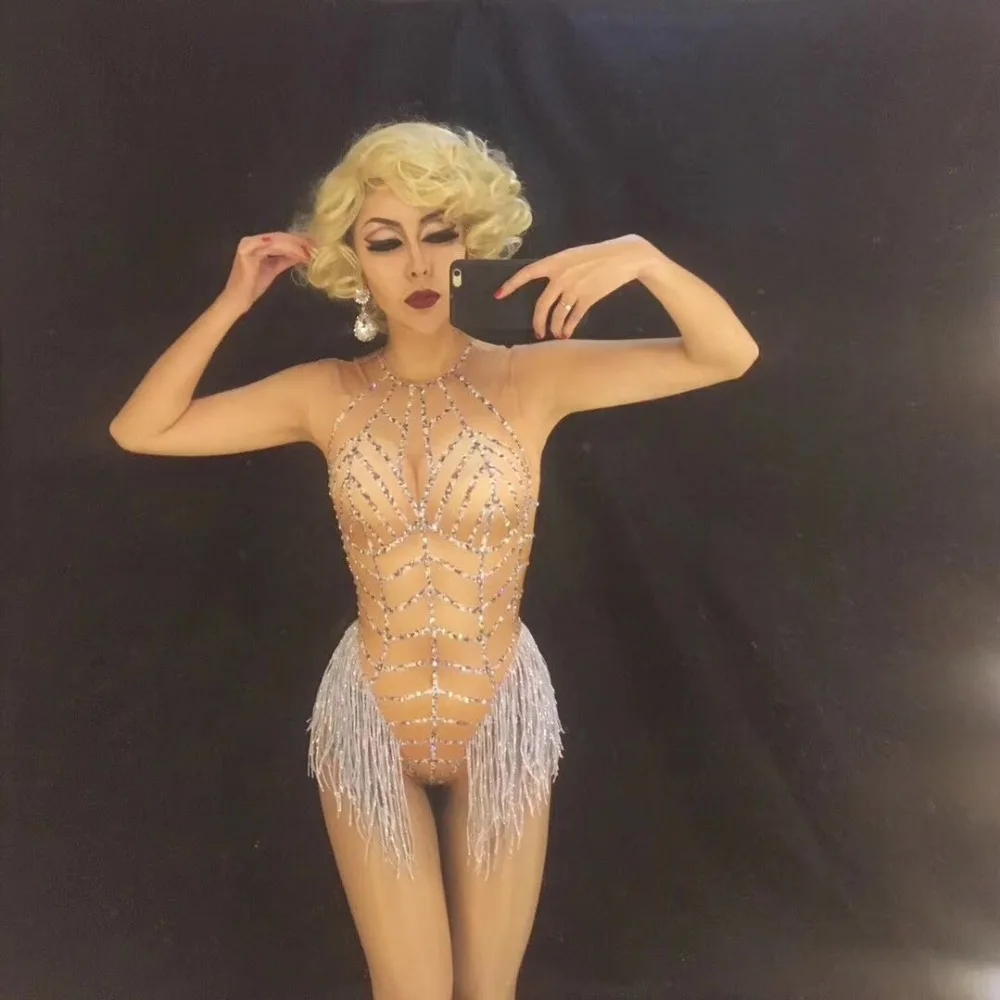 

New Summer Overalls For Women 2021 Silver Rhinestone Sleeveless Tassel Outfit See Through Celebrity Dance Performance Costume