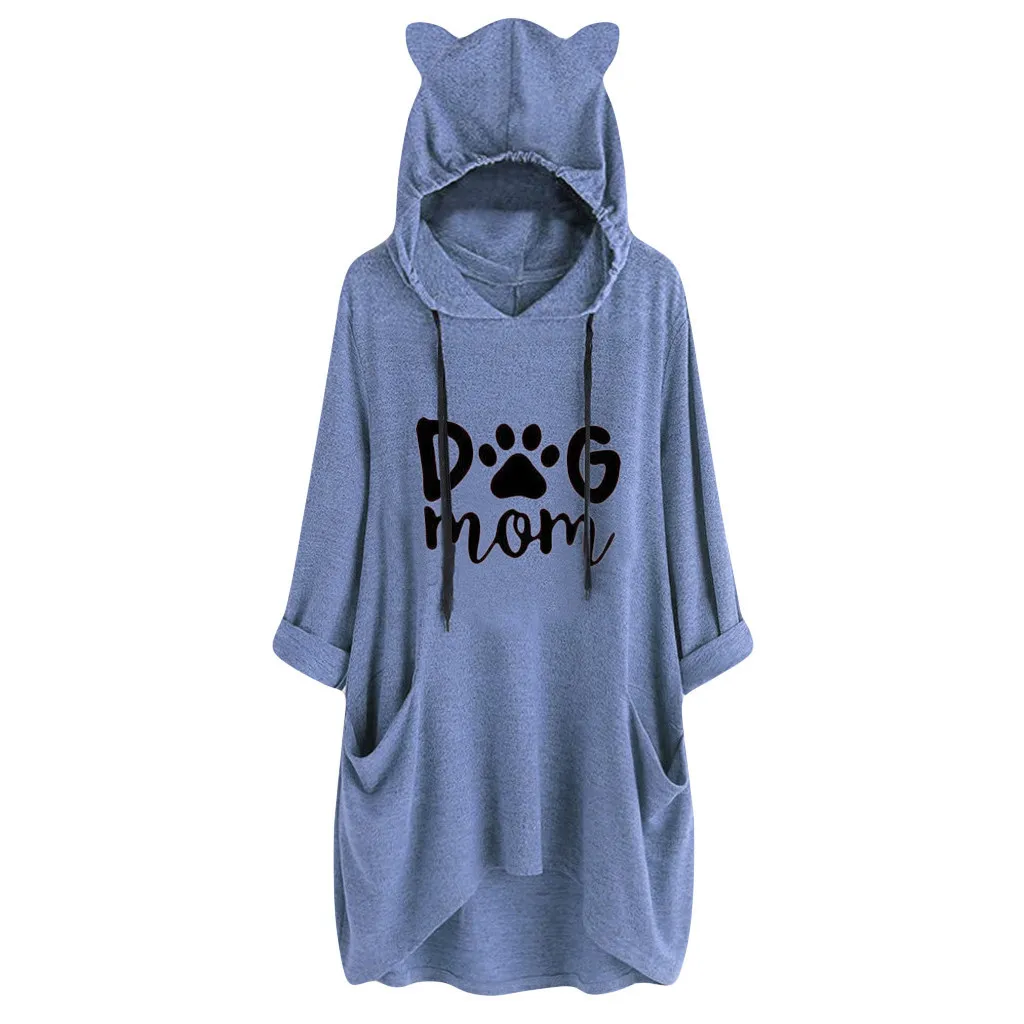 Women Hooded Sweatshirt Long Sleeves Cat Ear Dog Mom Print Pocket Shirt Irregular Top Hoodie Streetwear Women Oversized Hoodies