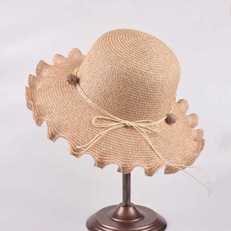 

H7448 Sun Hat Women Beach Seaside Sunshade Sunscreen Wave Eave Cap Female Korean Sun Protection Breathable Bowknot Flower Caps