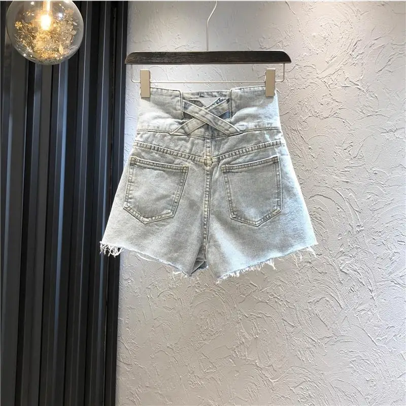 

2021 Women Spring Summer New Casual Solid Shorts Lady Bandage High Waist Wide Leg Denim Shorts Female Vintage A-line Shorts G542