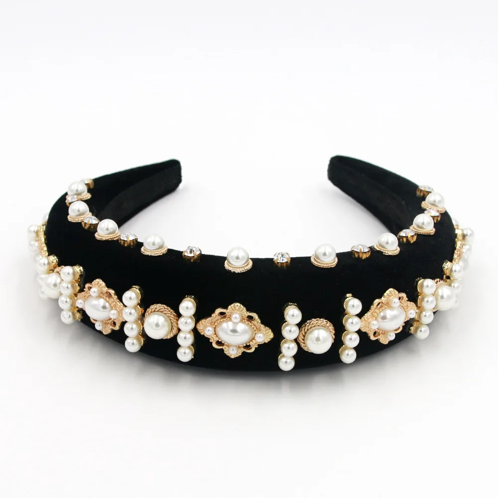 black Baroque Pearl Velvet Rhinestone Headband Padded Diamond Hairbands For Women Girl Head Makeup Hair Hoop Headband Hair Accessories - Цвет: black