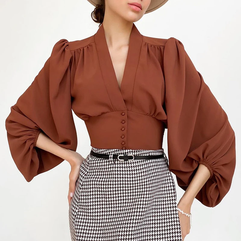 

Women's Sexy Deep V Neck Shirt 2022 Summer Three Quarter Lantern Sleeve Crop Tops Woman Female Fashion Solid Slim Shirts Blouses