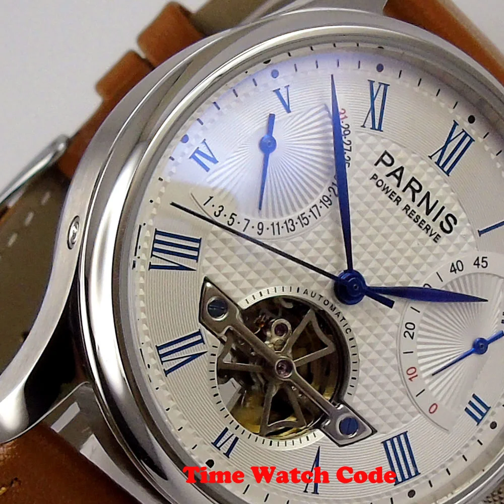 Мужские автоматические часы PARNIS с маховиком белый циферблат индикатор заряда даты полированные синие