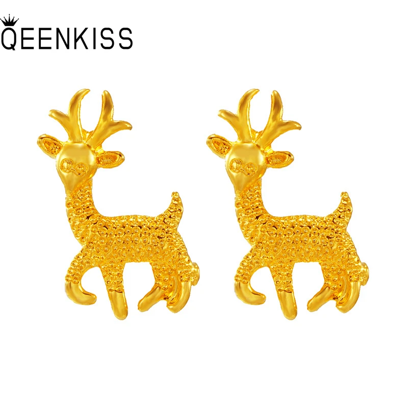 

QEENKISS EG564 Fine Jewelry Wholesale Fashion Woman Girl Bride Birthday Wedding Gift Crown Flower Deer 24KT Gold Stud Earrings