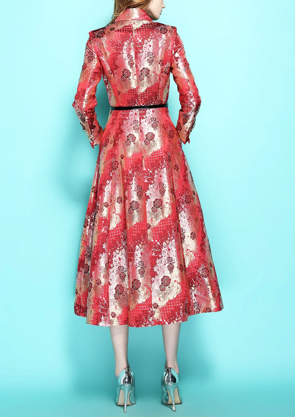 2020 Spring Women New Fashion Jacquard Dress Turn Down Collar Long Sleeve Double Breasted Big Swing Mid-Calf Vintage Coat Y121 | Женская