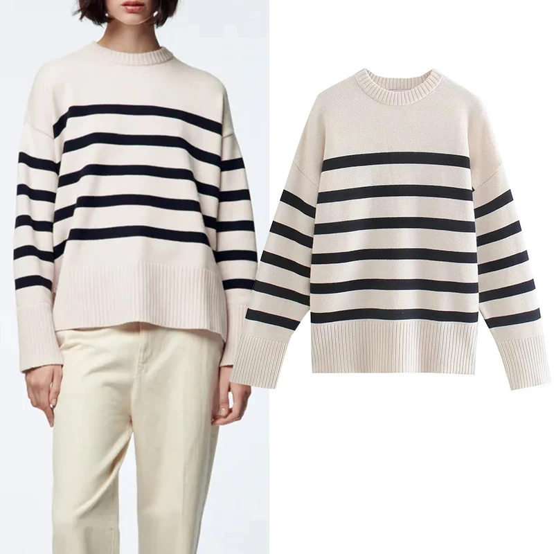 

Za Sweater pullover Fall new fashion stripe O-neck cotton 100% women sweater 2021 new street youth elegant warm pullover sweater