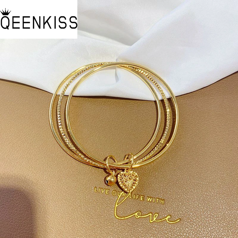 

QEENKISS BT5250 Fine Jewelry Wholesale Fashion Woman Bride Birthday Wedding Gift Vintage Heart Bells 24KT Gold Bracelet Bangle