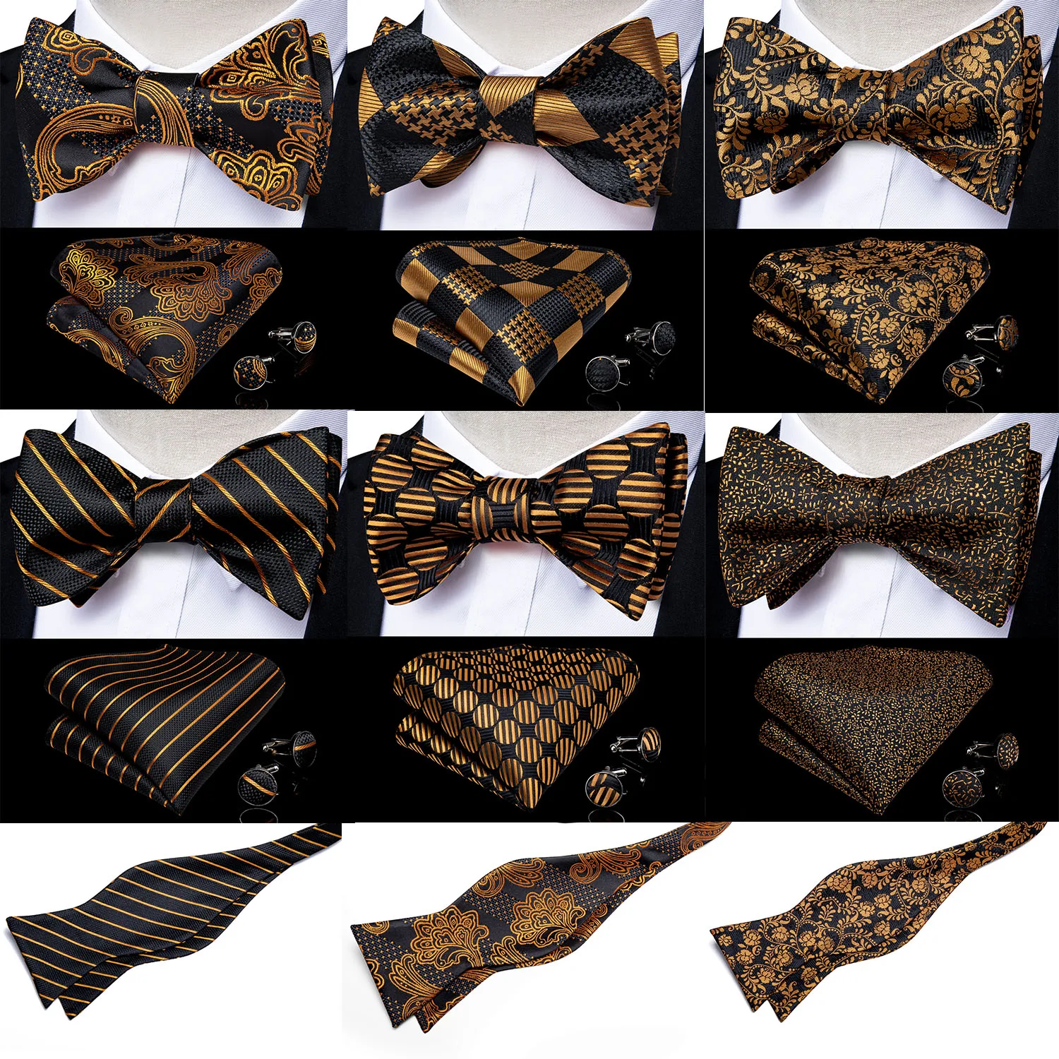 Self Tie Bow Tie Handkerchief Cufflinks Set Fashion Black Gold Men's Silk Butterfly Bowknot Formal Wedding Party Cravat DiBanGu