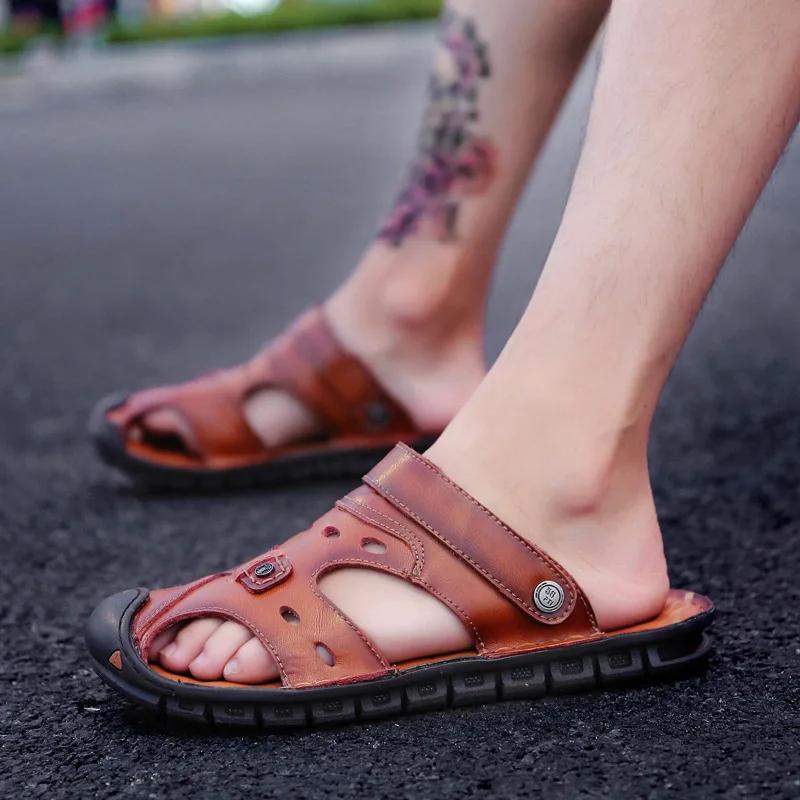 Сандалии мужские кожаные Уличная обувь Нескользящие повседневные летняя
