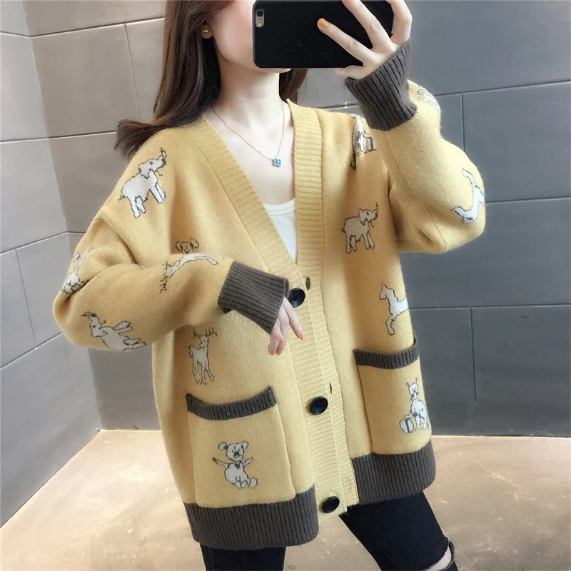 Кардиган вязаный кардиган с V-образным вырезом карманом в виде оленя |