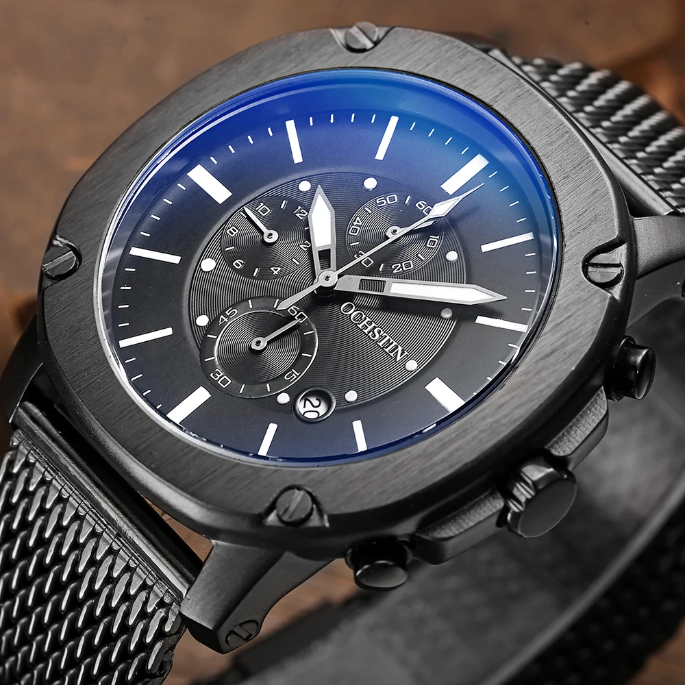 Часы мужские кварцевые с хронографом водонепроницаемые светящиеся в стиле