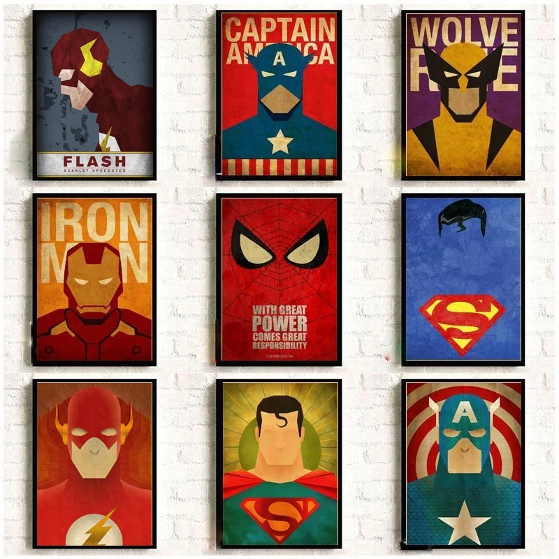 

Vintage Marvel Superhero Portrait Poster Captain America Iron Man Thor Hulk Minimalist Canvas Painting Kids Room Wall Art Decor