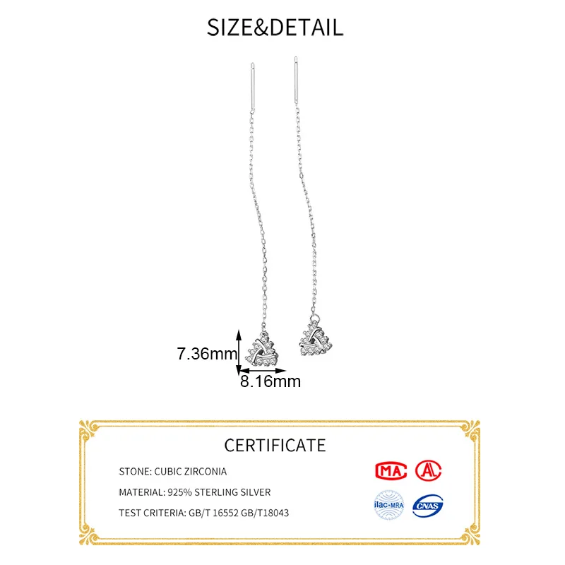 

Real 925 Sterling Silver Zircon Triangle Stud Earring For fashion Women Party Cute Fine Jewelry Chain Tassel Accessories