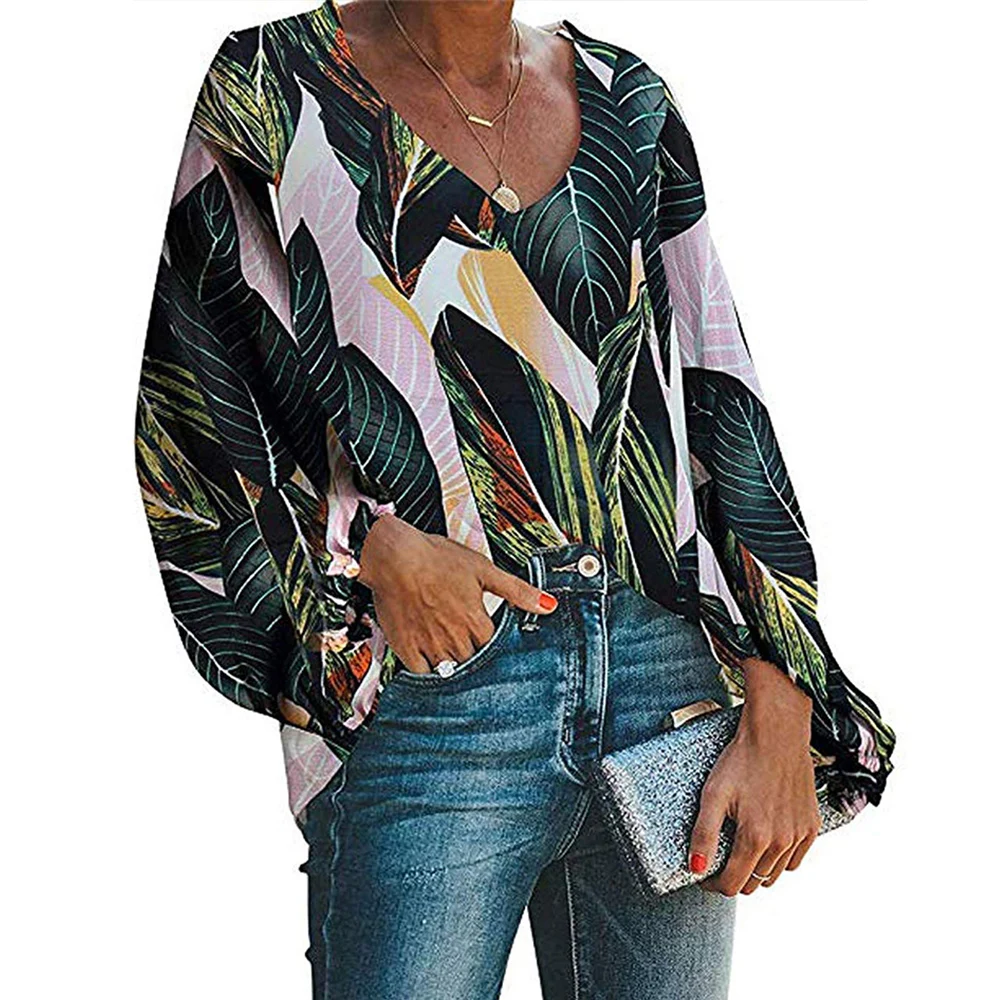 

European and American women's 2019 new autumn long-sleeved printed women's shirt casual deep V-neck loose tops and blouses