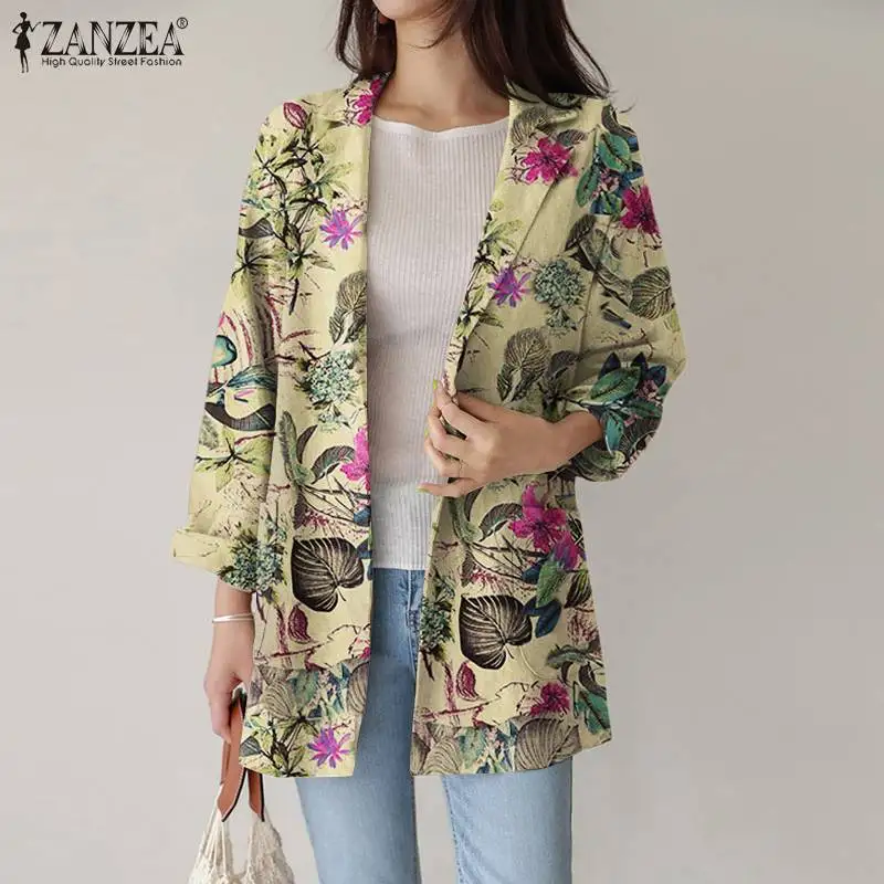 

Casual Office Lady Long Sleeve Outwears 2021 Autumn Vintage Loose Blazer ZANZEA Floral Print Lapel Cardigan Fashion Womens Coats