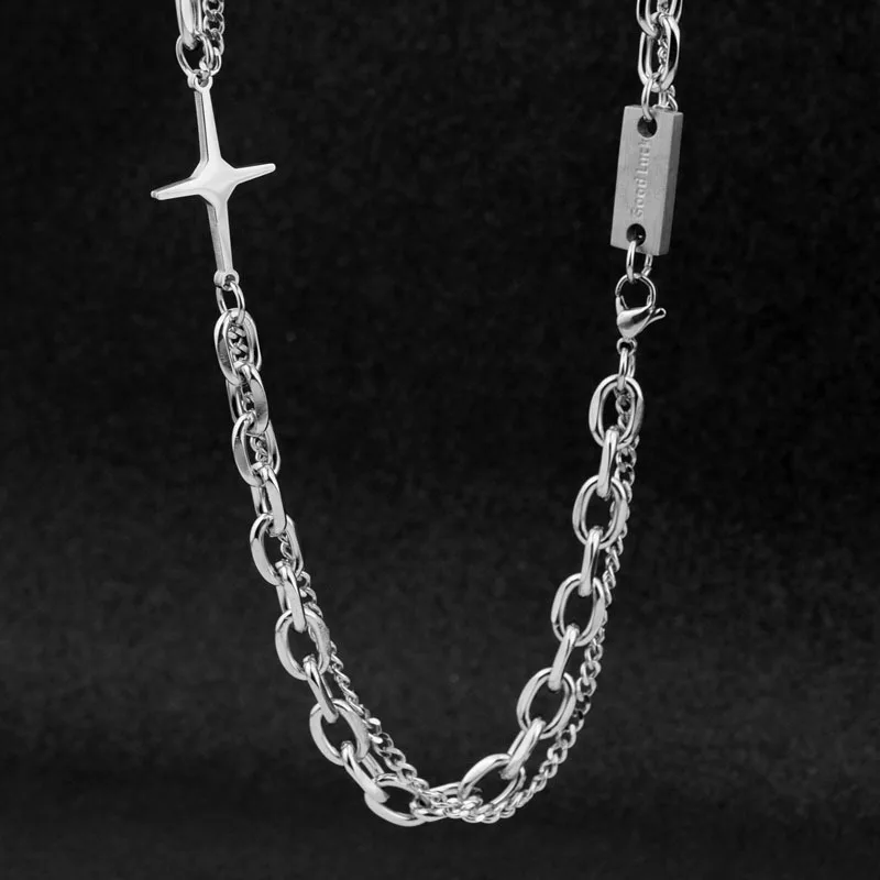 

Good Luck Stainless Steel Necklace Cross Pendant Charm Double Layer Link Chain Around The Neck Punk Accessories Necklace For Men
