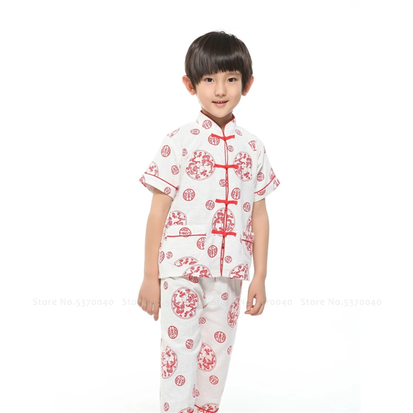 Традиционный китайский костюм Тан льняная футболка ханьфу для мальчиков свободные штаны детские топы с ушу